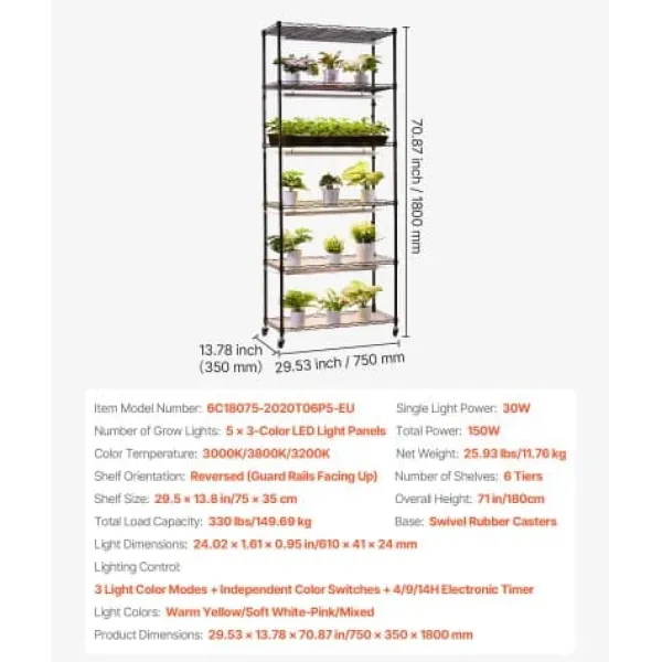 Hot Plantehylde, 6-niveaus indendørs planteholder med vækstlys, 75x35x180 cm Plantestativer