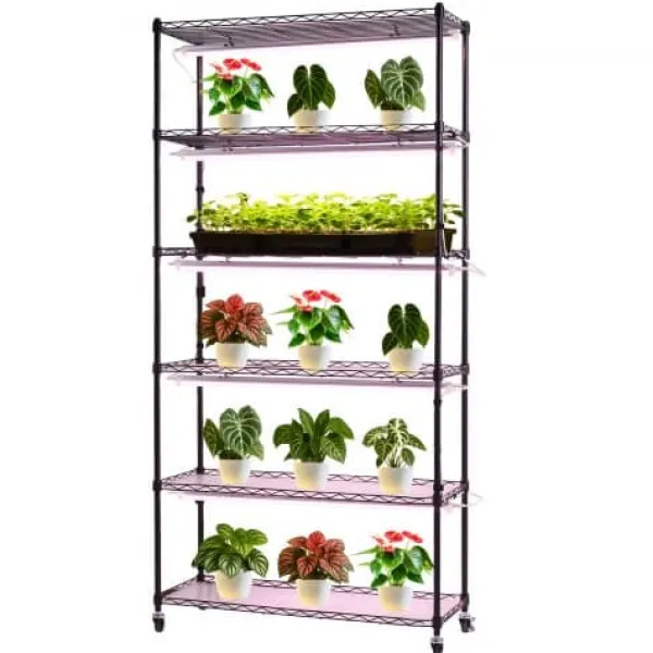 Hot Plantehylde, 6-niveaus indendørs planteholder med vækstlys, 90x35x180 cm, metal Plantestativer
