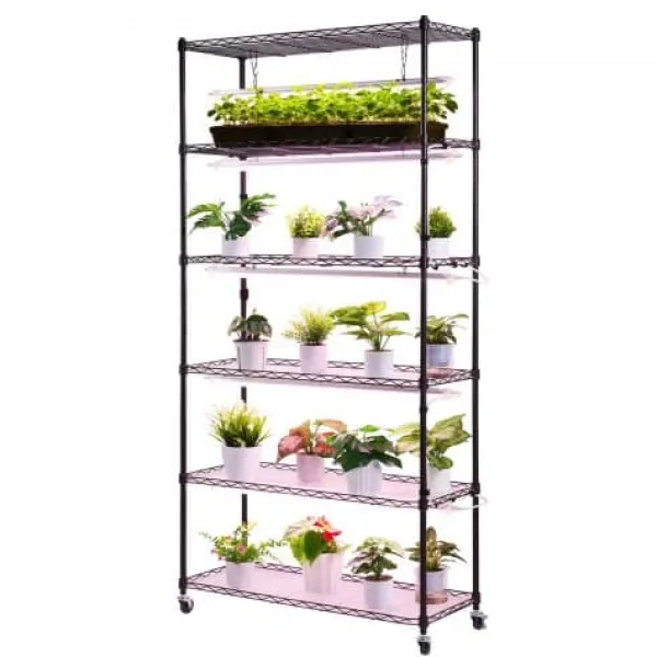 Hot Plantehylde, 6-niveaus indendørs planteholder med vækstlys, 90x35x180 cm, metal Plantestativer