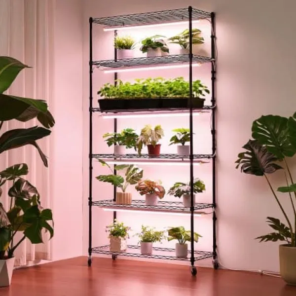 Hot Plantehylde, 6-niveaus indendørs planteholder med vækstlys, 90x35x180 cm, metal Plantestativer