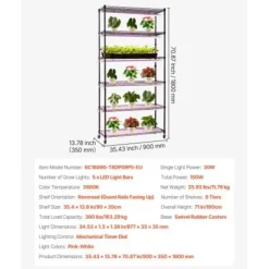 Hot Plantehylde, 6-niveaus indendørs planteholder med vækstlys, 90x35x180 cm, metal Plantestativer