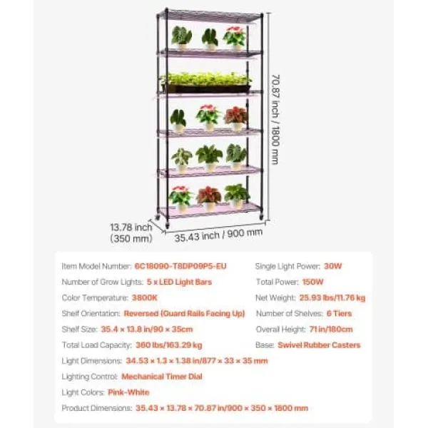 Hot Plantehylde, 6-niveaus indendørs planteholder med vækstlys, 90x35x180 cm, metal Plantestativer