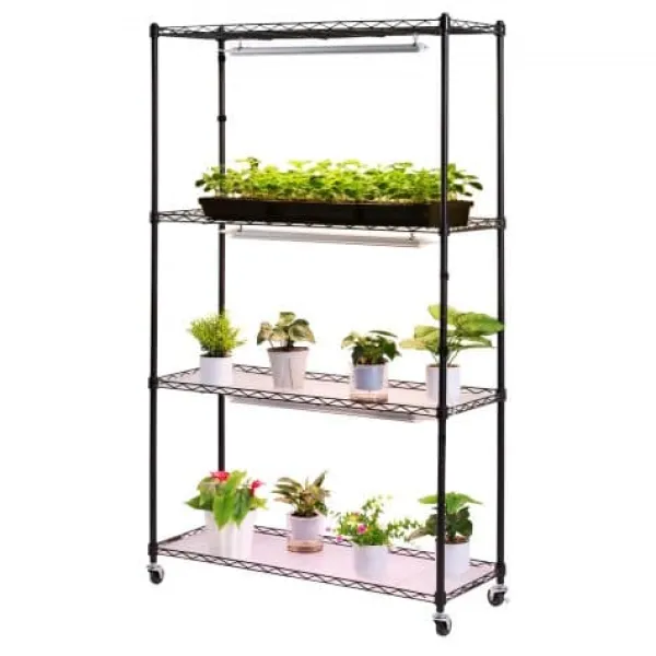Plantestativer^Plantehylde, 4-niveaus indendørs planteholder med vækstlys, 90x35x150 cm, metal