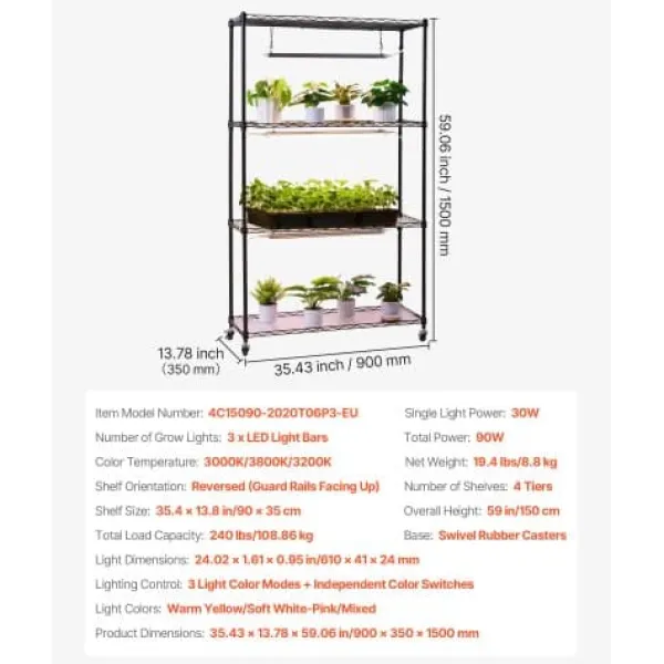 Plantestativer^Plantehylde, 4-niveaus indendørs planteholder med vækstlys, 90x35x150 cm, metal