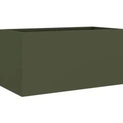 Plantekasse i koldvalset stål - Dekorativ til haven | Farve: Olivengrøn | Størrelse: 62x30x29 cm Plantningsbænke