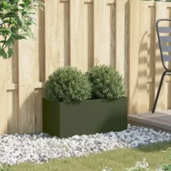 Plantekasse i koldvalset stål - Dekorativ til haven | Farve: Olivengrøn | Størrelse: 62x30x29 cm Plantningsbænke
