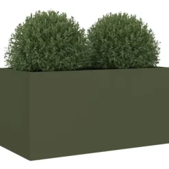 Plantekasse i koldvalset stål - Dekorativ til haven | Farve: Olivengrøn | Størrelse: 62x30x29 cm Plantningsbænke