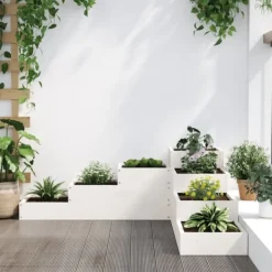 Krukker & Plantebeholdere^Plantekasse i massivt fyrretræ med 4 niveauer | Størrelse: 106x104,5x36 cm | Farve: Hvid