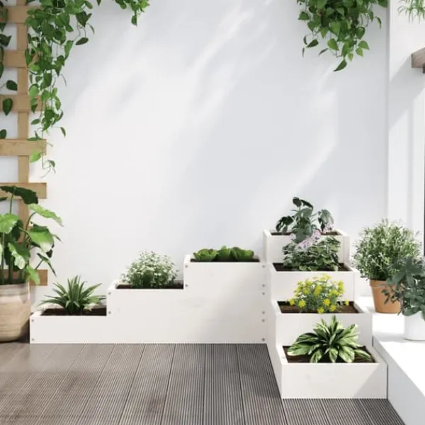 Krukker & Plantebeholdere^Plantekasse i massivt fyrretræ med 4 niveauer | Størrelse: 106x104,5x36 cm | Farve: Hvid