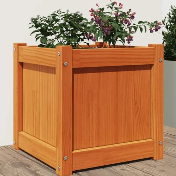 Krukker & Plantebeholdere^Plantekasse i massivt fyrretræ - Dekorativ til haven | Mål: 40x40x40 cm | Farve: Gyldenbrun
