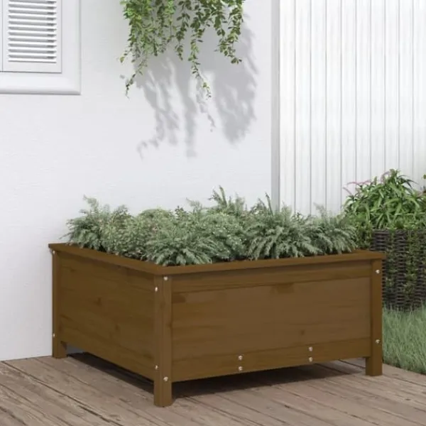 New Plantekasse i massivt fyrretræ - Højbed til have & terrasse | Størrelse: 82,5x82,5x39 cm | Farve: Gyldenbrun Krukker & Plantebeholdere