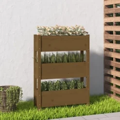 Plantningsbænke^Plantekasse i massivt fyrretræ - Dekorativ til stuer og altaner | Størrelse: 77x25x104,5 cm | Farve: Gyldenbrun