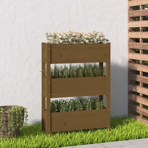Plantningsbænke^Plantekasse i massivt fyrretræ - Dekorativ til stuer og altaner | Størrelse: 77x25x104,5 cm | Farve: Gyldenbrun