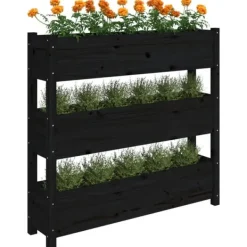 Discount Plantekasse i massivt fyrretræ - Dekorativ til altaner | Størrelse: 112x25x104,5 cm | Farve: Sort Plantningsbænke