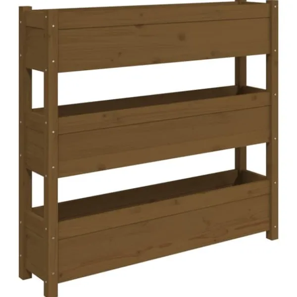 Clearance Plantekasse i massivt fyrretræ - Stabil og dekorativ | Størrelse: 112x25x104,5 cm | Farve: Gyldenbrun Plantningsbænke
