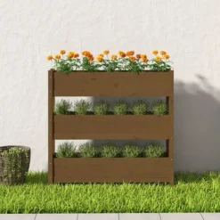 Clearance Plantekasse i massivt fyrretræ - Stabil og dekorativ | Størrelse: 112x25x104,5 cm | Farve: Gyldenbrun Plantningsbænke