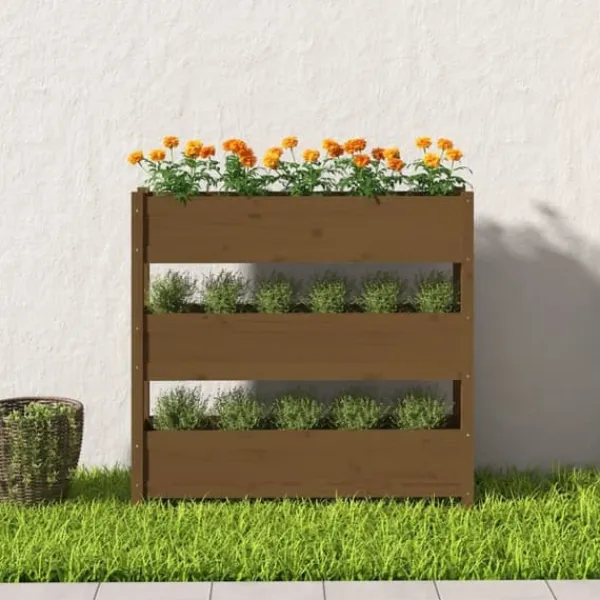 Clearance Plantekasse i massivt fyrretræ - Stabil og dekorativ | Størrelse: 112x25x104,5 cm | Farve: Gyldenbrun Plantningsbænke