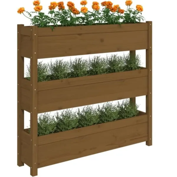 Clearance Plantekasse i massivt fyrretræ - Stabil og dekorativ | Størrelse: 112x25x104,5 cm | Farve: Gyldenbrun Plantningsbænke