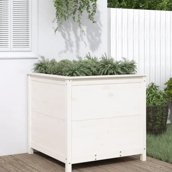 Plantningsbænke^Plantekasse i massivt fyrretræ - Højbed til haven | Størrelse: 82,5x82,5x78 cm | Farve: Hvid