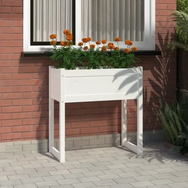Plantningsbænke^Plantekasse i massivt fyrretræ - Dekorativ blomsterkasse | Størrelse: 78x40x81 cm | Farve: Hvid