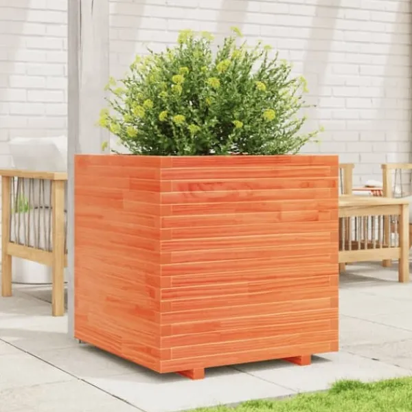 Krukker & Plantebeholdere^Plantekasse i massivt fyrretræ - Dekorativ til have og terrasse | Størrelse: 70x70x72 cm | Farve: Gyldenbrun