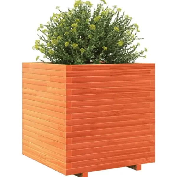 Krukker & Plantebeholdere^Plantekasse i massivt fyrretræ - Dekorativ til have og terrasse | Størrelse: 70x70x72 cm | Farve: Gyldenbrun