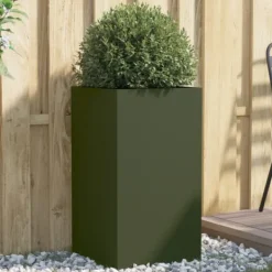 Krukker & Plantebeholdere^Plantekasse i stål - Holdbar og dekorativ til haven | Farve: Olivengrøn | Størrelse: 42x38x75 cm