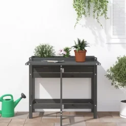 Plantningsbænke^Plantekasse med foldbar bordplade i massivt fyrretræ | Farve: Grå
