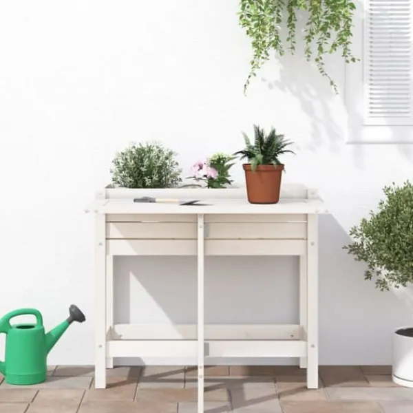 Plantningsbænke^Plantekasse med foldbar bordplade i massivt fyrretræ | Farve: Hvid