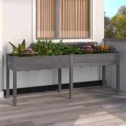 Plantningsbænke^Plantekasse med foring i massivt fyrretræ - Dekorativ haveindretning | Størrelse: 203x53x76 cm | Farve: Grå