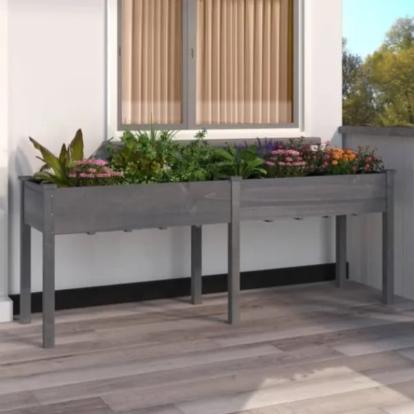 Plantningsbænke^Plantekasse med foring i massivt fyrretræ - Dekorativ haveindretning | Størrelse: 203x53x76 cm | Farve: Grå