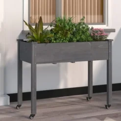 Plantningsbænke^Plantekasse med foring og hjul - Massivt fyrretræ | Størrelse: 118x59x80 cm | Farve: Grå