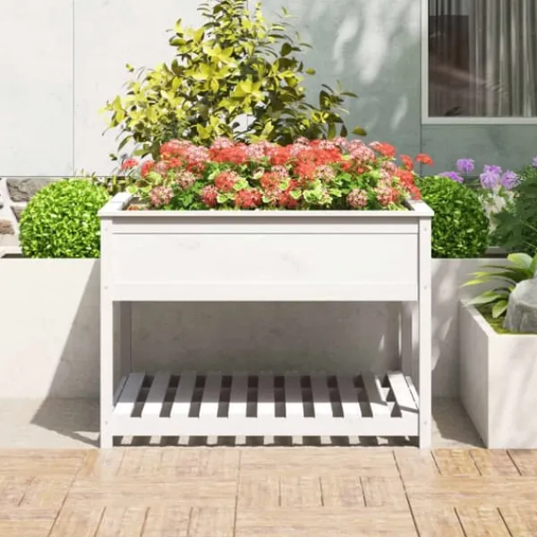 New Plantekasse med hylde - Højbede i massivt fyrretræ | Størrelse: 111,5x111,5x81 cm | Farve: Hvid Plantningsbænke