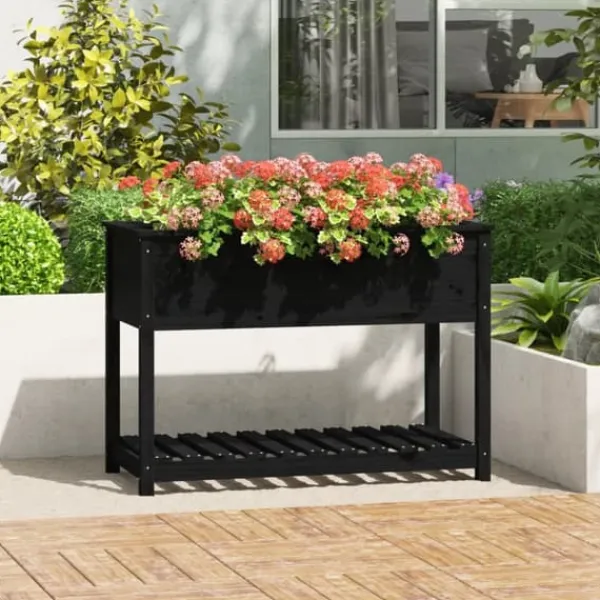 New Plantekasse med hylde i massivt fyrretræ - Ergonomisk design | Størrelse: 111,5x54x81 cm | Farve: Sort Plantningsbænke