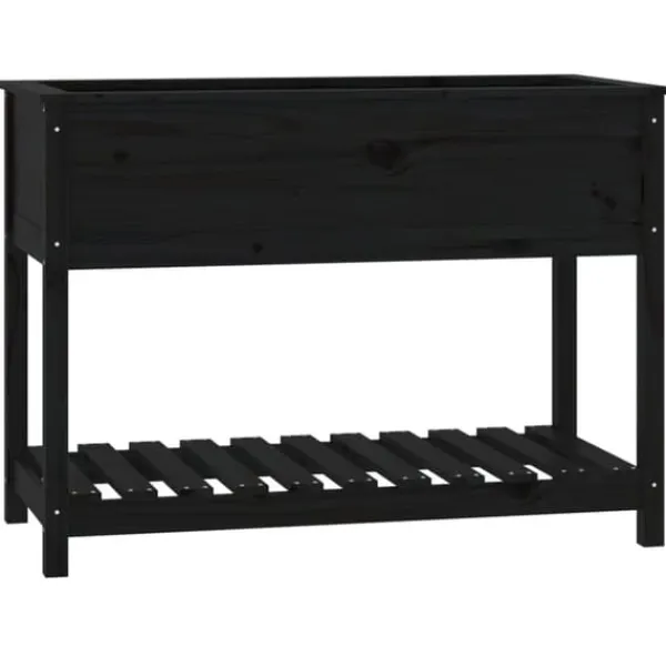 New Plantekasse med hylde i massivt fyrretræ - Ergonomisk design | Størrelse: 111,5x54x81 cm | Farve: Sort Plantningsbænke
