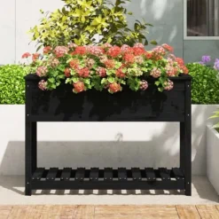 New Plantekasse med hylde i massivt fyrretræ - Ergonomisk design | Størrelse: 111,5x54x81 cm | Farve: Sort Plantningsbænke