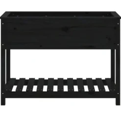 New Plantekasse med hylde i massivt fyrretræ - Ergonomisk design | Størrelse: 111,5x54x81 cm | Farve: Sort Plantningsbænke