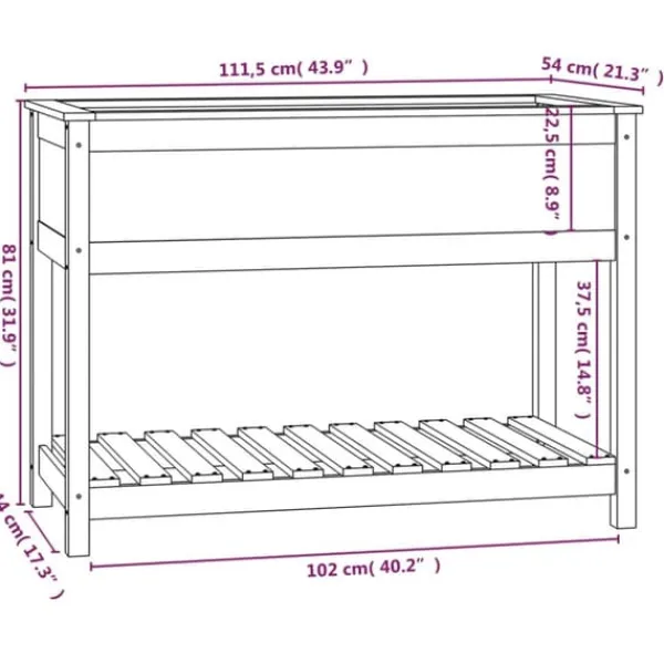 New Plantekasse med hylde i massivt fyrretræ - Ergonomisk design | Størrelse: 111,5x54x81 cm | Farve: Sort Plantningsbænke
