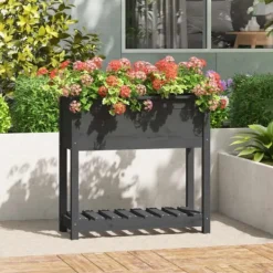 Best Plantekasse med hylde i massivt fyrretræ - Ergonomisk højbed | Størrelse: 82,5x34,5x81 cm | Farve: Grå Plantningsbænke