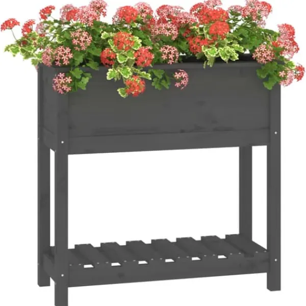 Best Plantekasse med hylde i massivt fyrretræ - Ergonomisk højbed | Størrelse: 82,5x34,5x81 cm | Farve: Grå Plantningsbænke