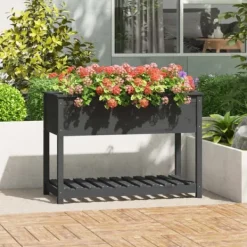 Plantningsbænke^Plantekasse med hylde i massivt fyrretræ - Højbed til blomster | 111,5x54x81 cm | Farve: Grå