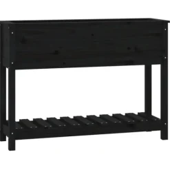 Clearance Plantekasse med hylde i massivt fyrretræ - Ergonomisk design | Størrelse: 111,5x34,5x81 cm | Farve: Sort Plantningsbænke
