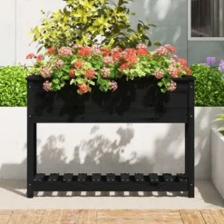 Clearance Plantekasse med hylde i massivt fyrretræ - Ergonomisk design | Størrelse: 111,5x34,5x81 cm | Farve: Sort Plantningsbænke
