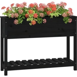 Clearance Plantekasse med hylde i massivt fyrretræ - Ergonomisk design | Størrelse: 111,5x34,5x81 cm | Farve: Sort Plantningsbænke