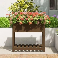 Plantningsbænke^Plantekasse med hylde i massivt fyrretræ | Størrelse: 82,5x54x81 cm | Farve: Gyldenbrun