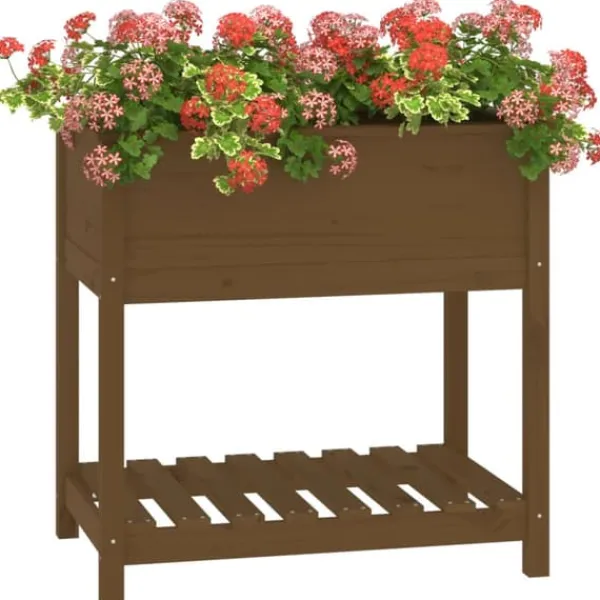 Plantningsbænke^Plantekasse med hylde i massivt fyrretræ | Størrelse: 82,5x54x81 cm | Farve: Gyldenbrun