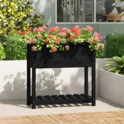 Plantningsbænke^Plantekasse med hylde i massivt fyrretræ - Ergonomisk design | Størrelse: 82,5x34,5x81 cm | Farve: Sort