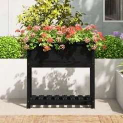 Plantningsbænke^Plantekasse med hylde i massivt fyrretræ - Ergonomisk design | Størrelse: 82,5x34,5x81 cm | Farve: Sort
