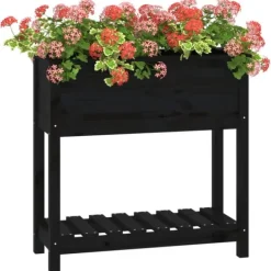 Plantningsbænke^Plantekasse med hylde i massivt fyrretræ - Ergonomisk design | Størrelse: 82,5x34,5x81 cm | Farve: Sort