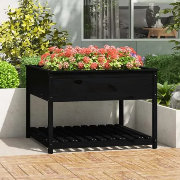 Plantningsbænke^Plantekasse med hylde i massivt fyrretræ - Ergonomisk højbed | Størrelse: 111,5x111,5x81 cm | Farve: Sort